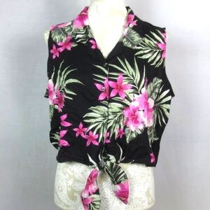 28 Palms Top Tropical Floral Black Pink Green Sleeveless Button Up Ties Size XXL